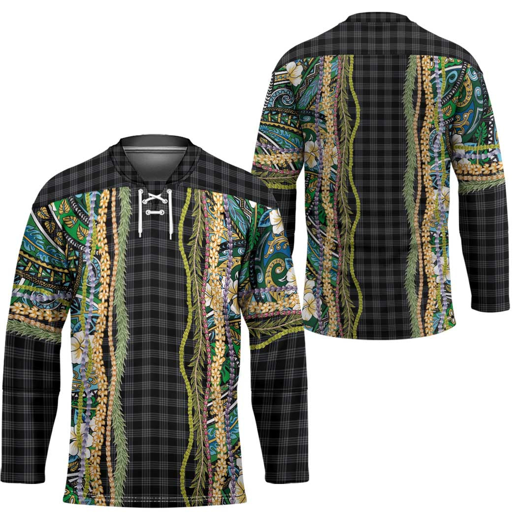 Hawaiian Art Flower Tribal with Lei Hockey Jersey Palaka Pattern Black Color - Polynesian Pride