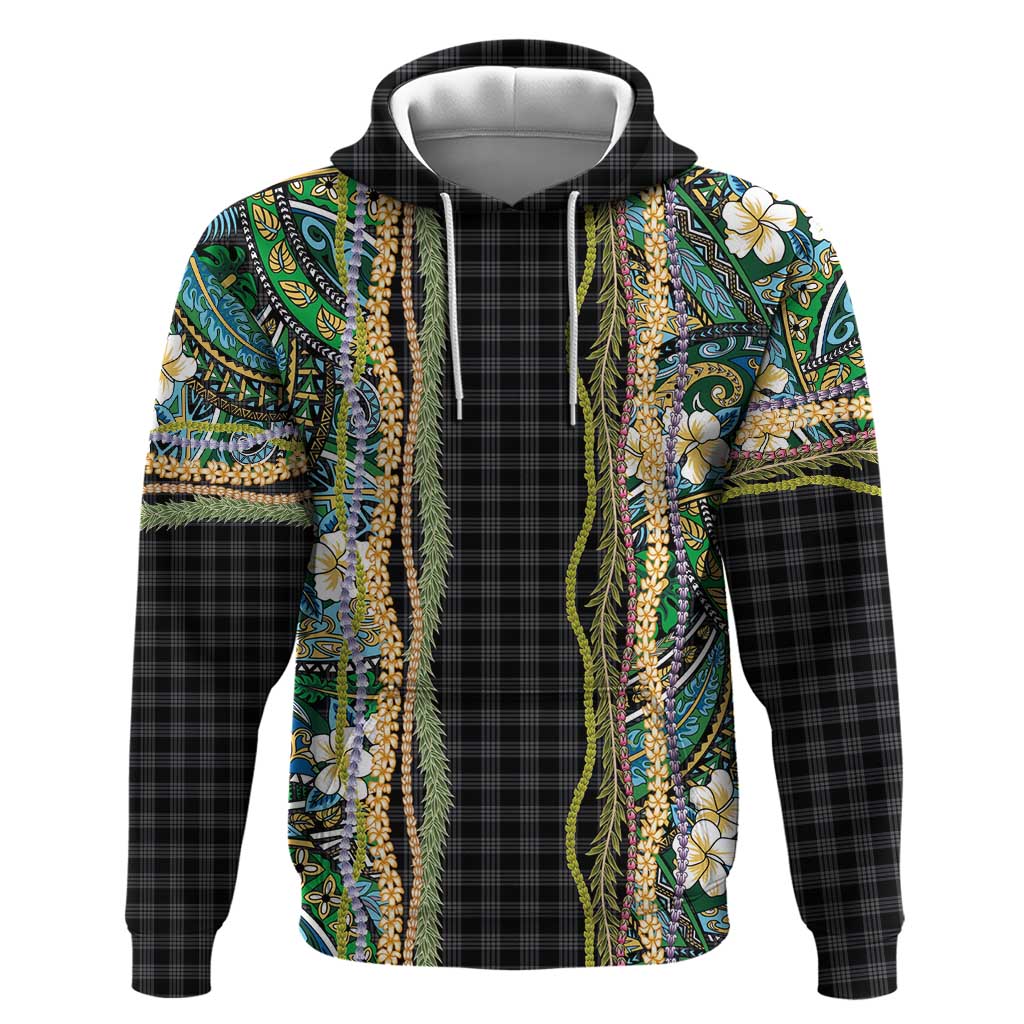 Hawaiian Art Flower Tribal with Lei Hoodie Palaka Pattern Black Color - Polynesian Pride
