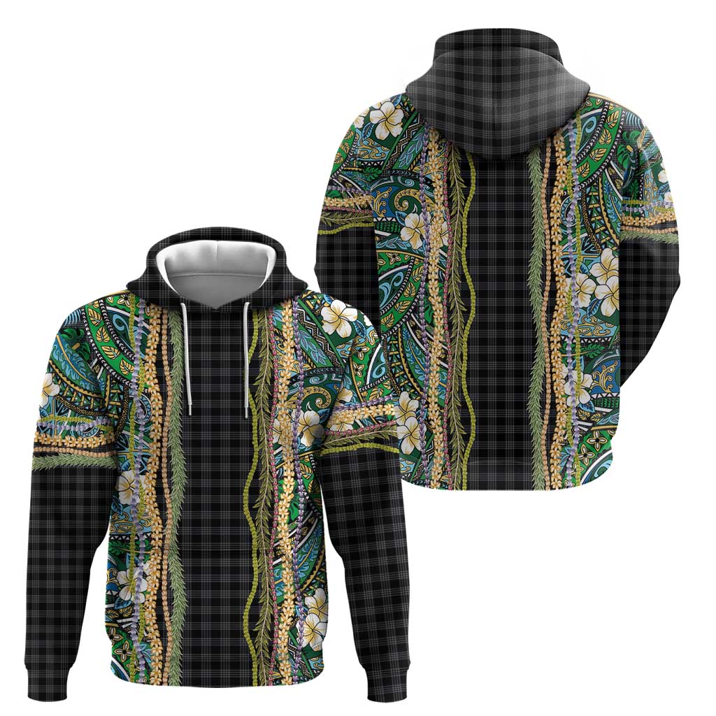 Hawaiian Art Flower Tribal with Lei Hoodie Palaka Pattern Black Color - Polynesian Pride