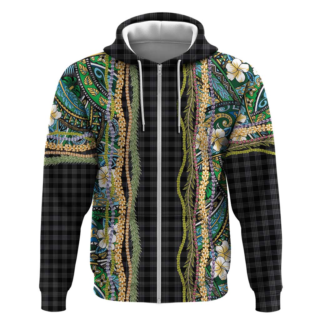 Hawaiian Art Flower Tribal with Lei Hoodie Palaka Pattern Black Color - Polynesian Pride
