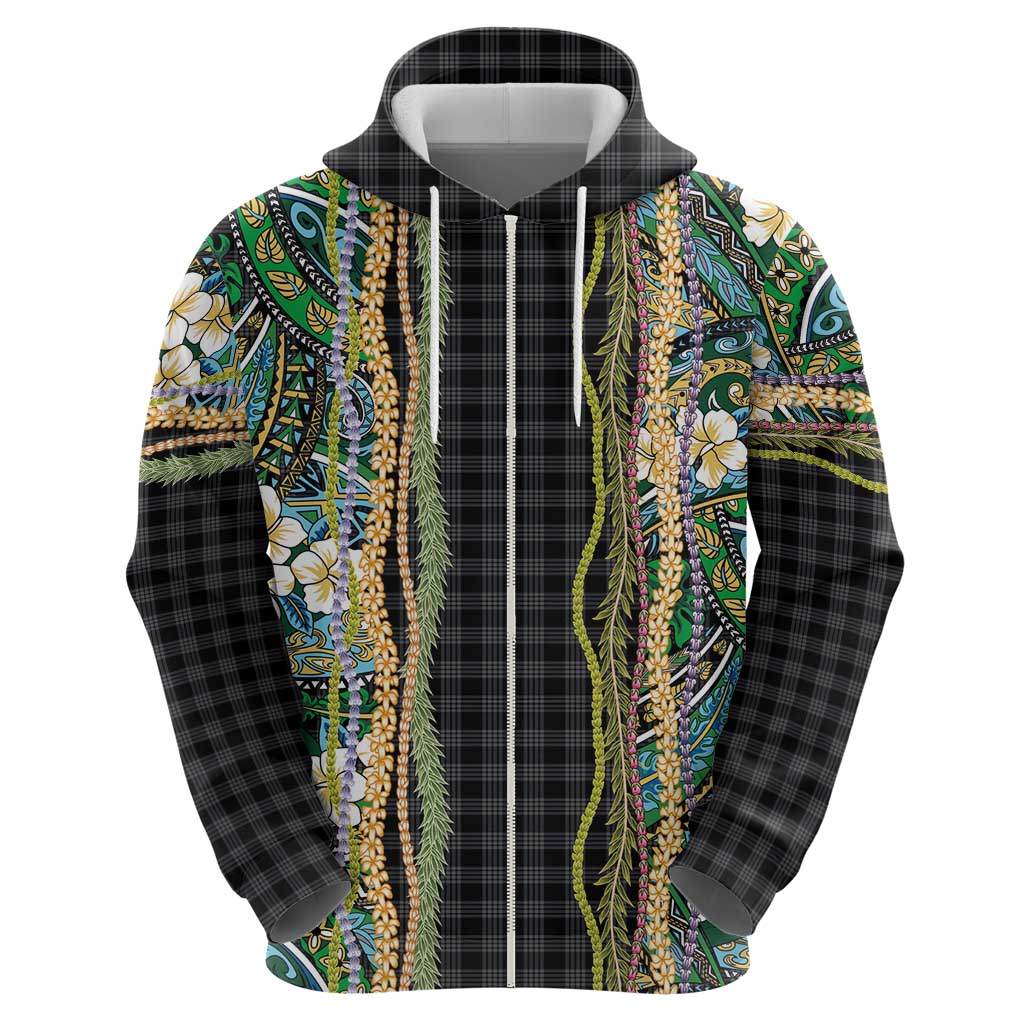 Hawaiian Art Flower Tribal with Lei Hoodie Palaka Pattern Black Color - Polynesian Pride