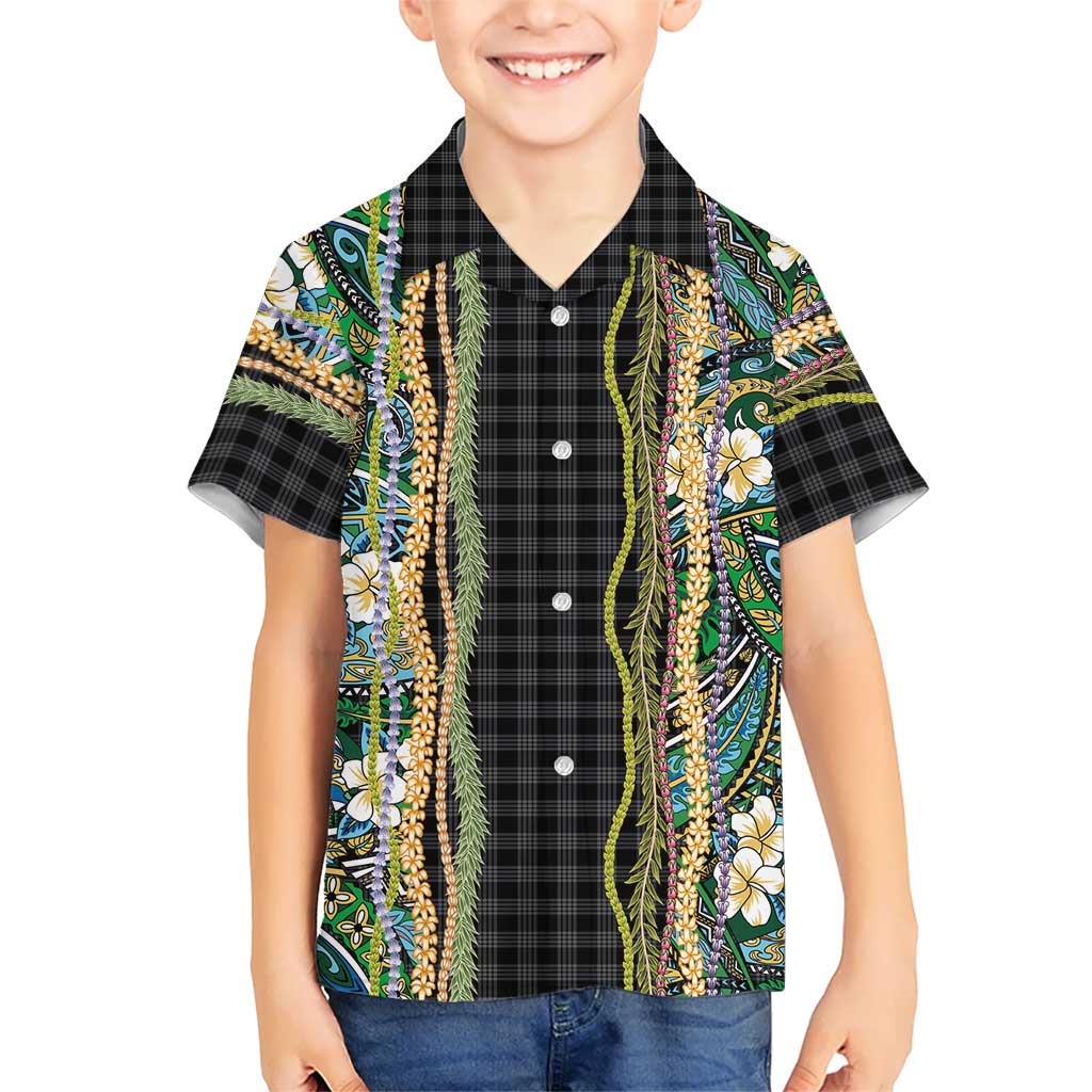Hawaiian Art Flower Tribal with Lei Kid Hawaiian Shirt Palaka Pattern Black Color LT03 Kid Black - Polynesian Pride