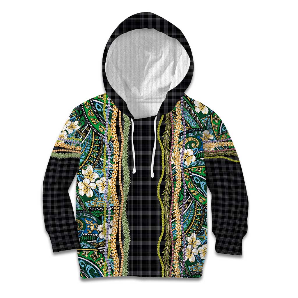 Hawaiian Art Flower Tribal with Lei Kid Hoodie Palaka Pattern Black Color - Polynesian Pride