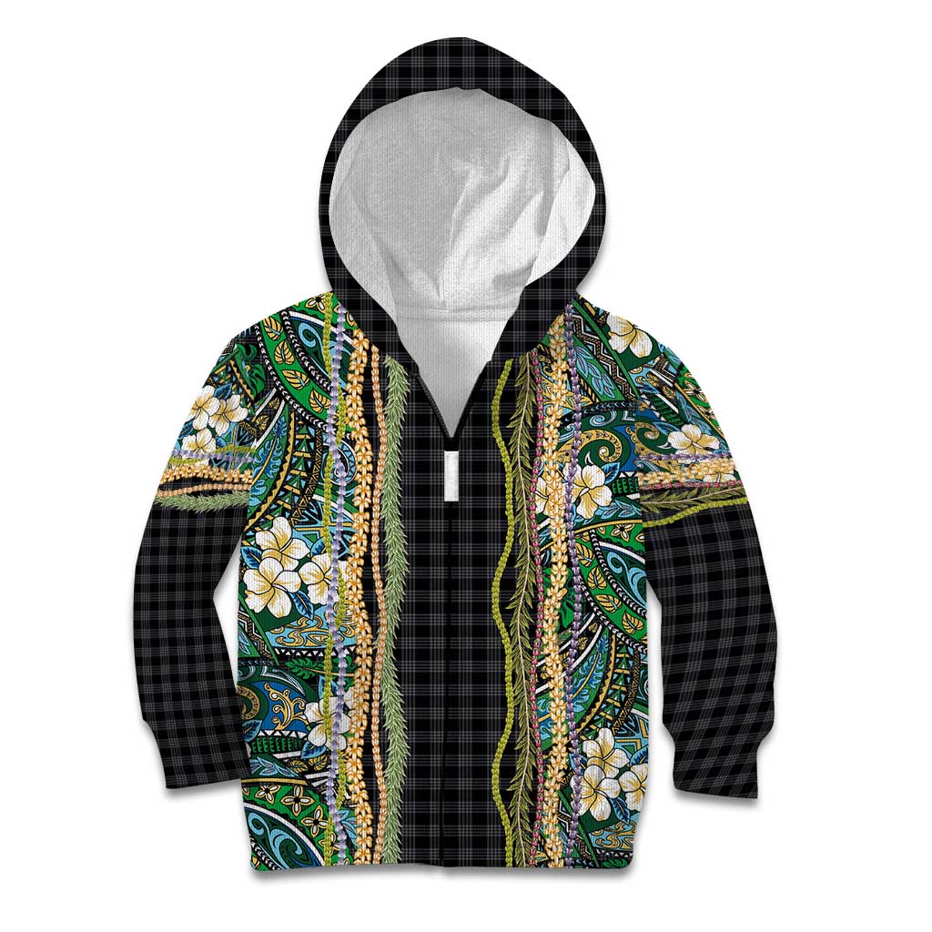 Hawaiian Art Flower Tribal with Lei Kid Hoodie Palaka Pattern Black Color - Polynesian Pride