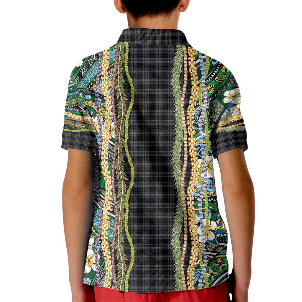 Hawaiian Art Flower Tribal with Lei Kid Polo Shirt Palaka Pattern Black Color - Polynesian Pride