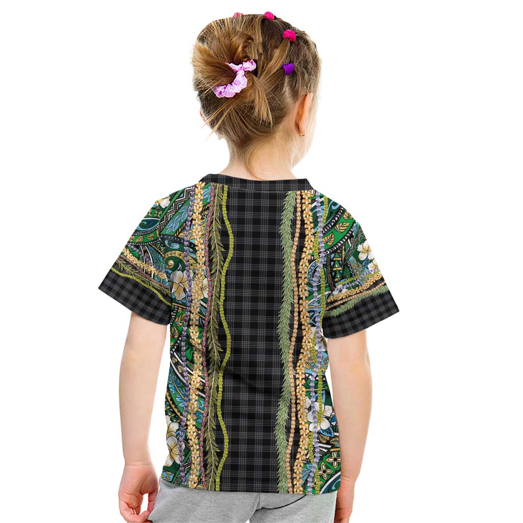 Hawaiian Art Flower Tribal with Lei Kid T Shirt Palaka Pattern Black Color - Polynesian Pride