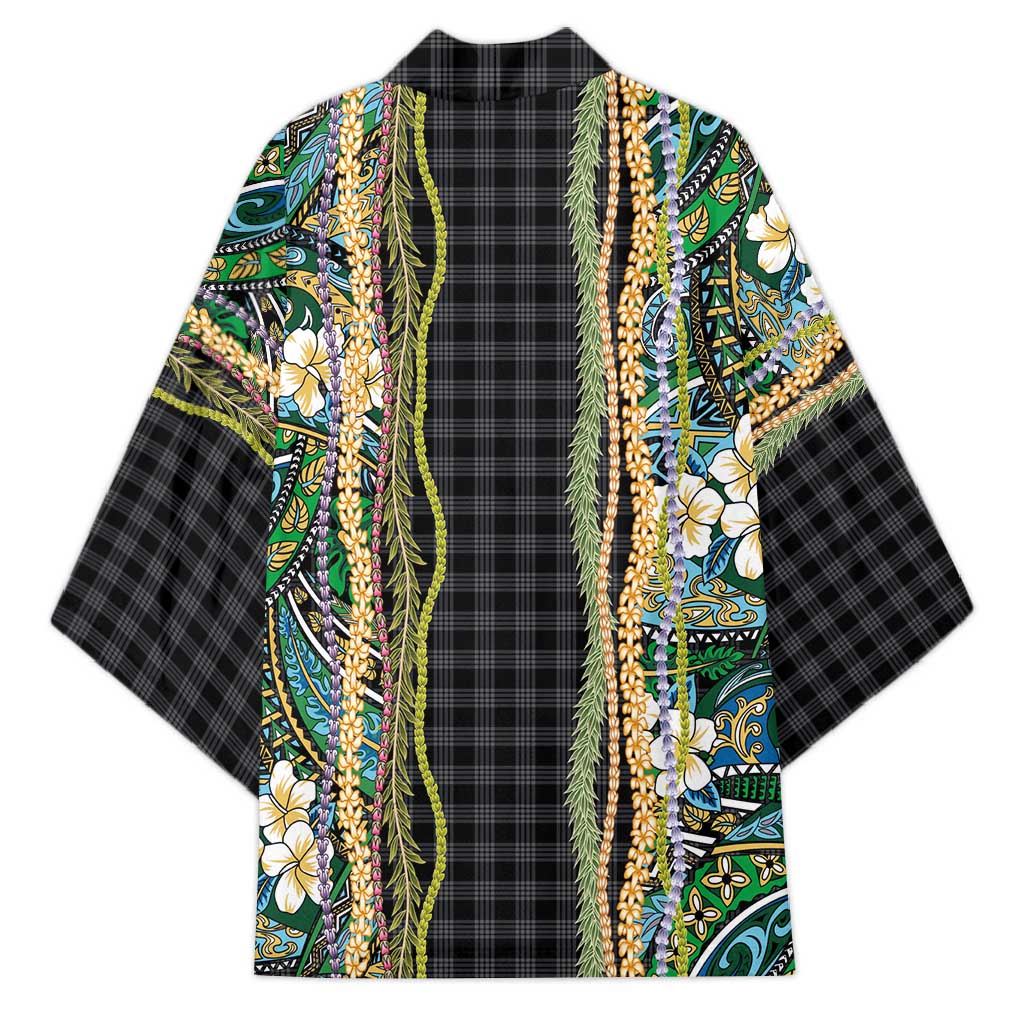 Hawaiian Art Flower Tribal with Lei Kimono Palaka Pattern Black Color - Polynesian Pride