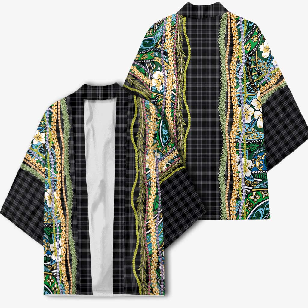 Hawaiian Art Flower Tribal with Lei Kimono Palaka Pattern Black Color - Polynesian Pride
