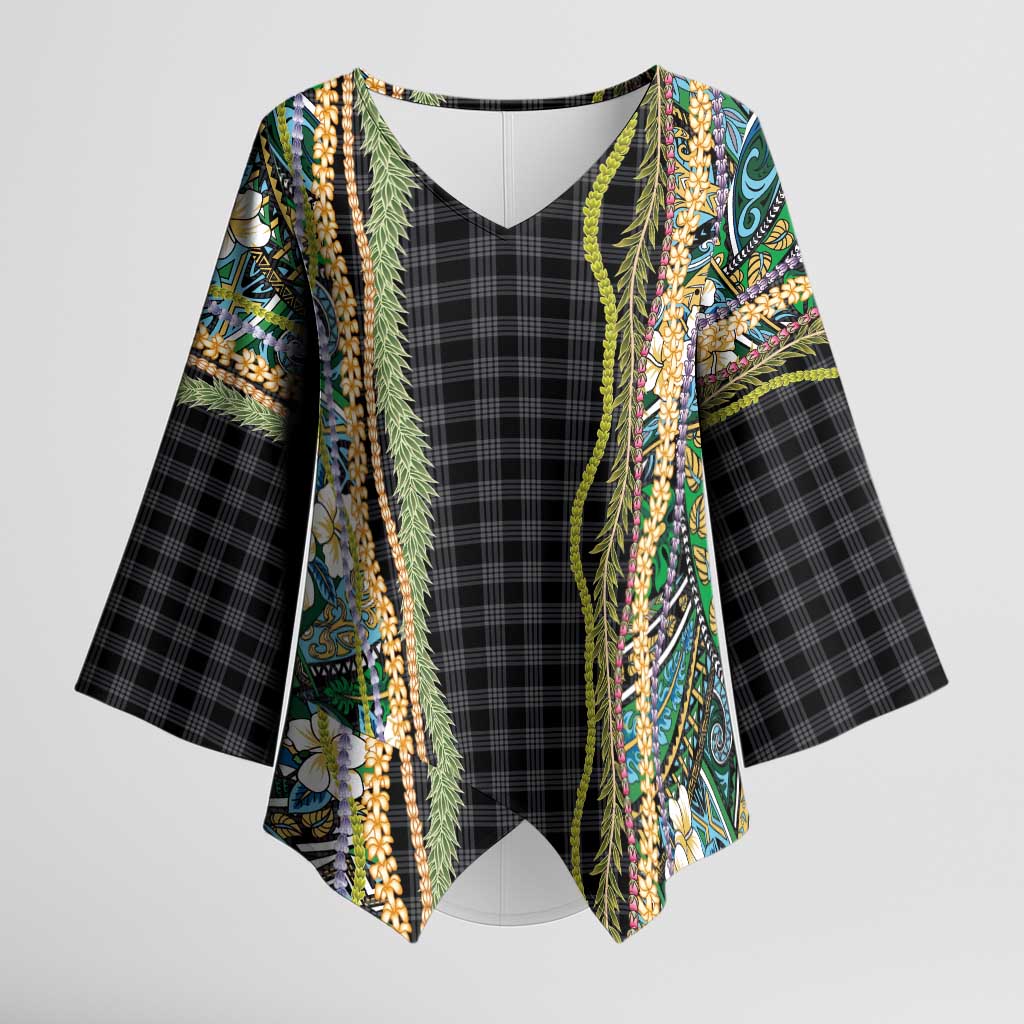 Hawaiian Art Flower Tribal with Lei Kimono Sleeve Blouse Palaka Pattern Black Color - Polynesian Pride
