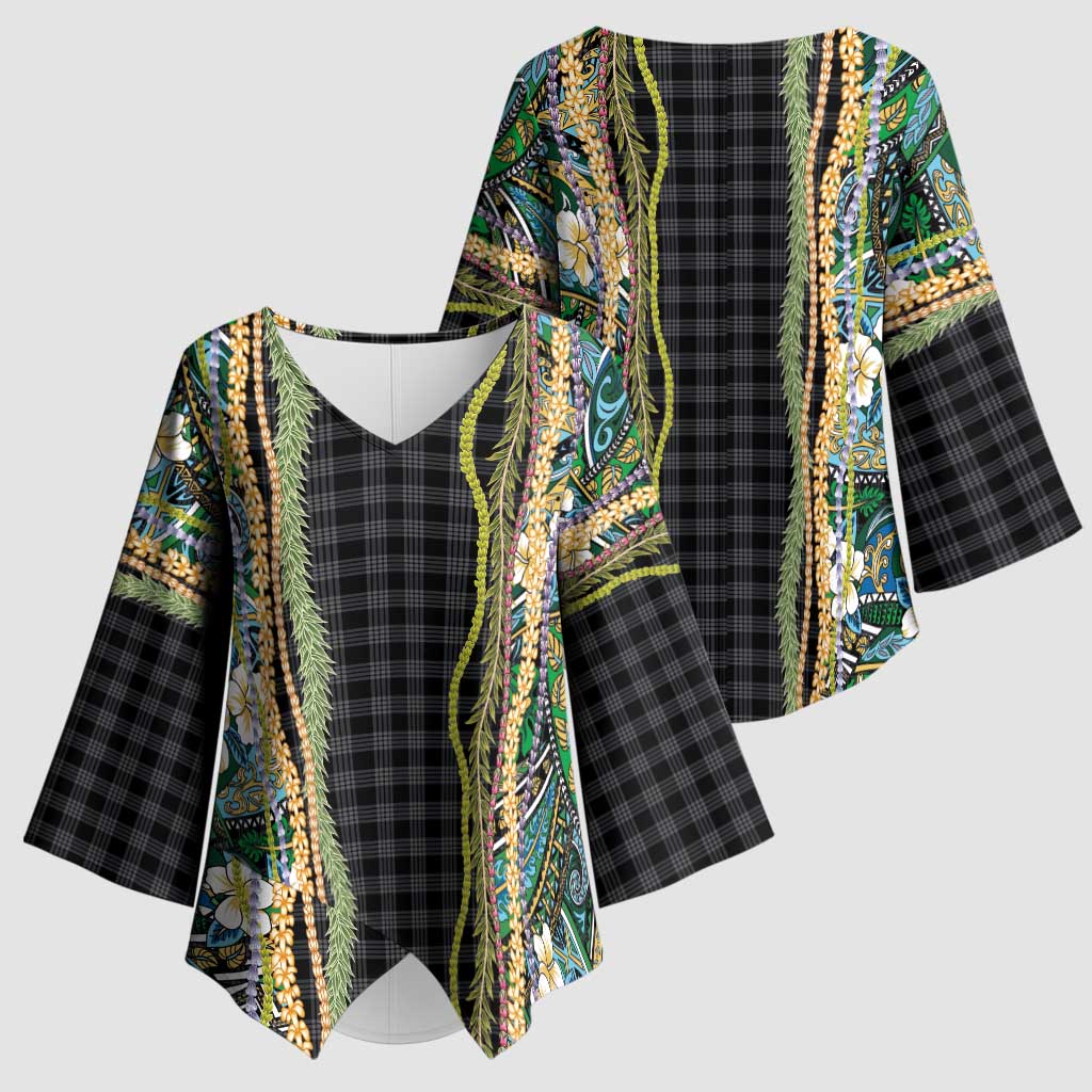 Hawaiian Art Flower Tribal with Lei Kimono Sleeve Blouse Palaka Pattern Black Color - Polynesian Pride