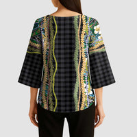 Hawaiian Art Flower Tribal with Lei Kimono Sleeve Blouse Palaka Pattern Black Color - Polynesian Pride