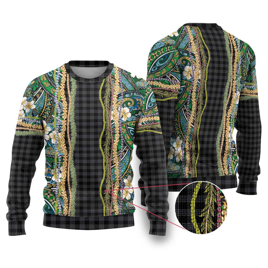 Hawaiian Art Flower Tribal with Lei Ugly Christmas Sweater Palaka Pattern Black Color - Polynesian Pride