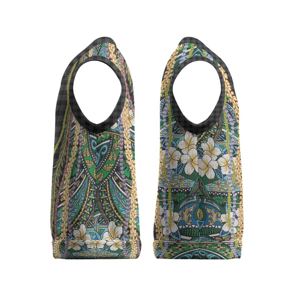 Hawaiian Art Flower Tribal with Lei Christmas Knitted V-Neck Vest Palaka Pattern Black Color - Polynesian Pride