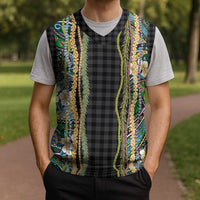 Hawaiian Art Flower Tribal with Lei Christmas Knitted V-Neck Vest Palaka Pattern Black Color - Polynesian Pride