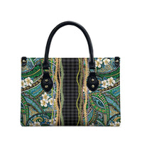 Hawaiian Art Flower Tribal with Lei Leather Bag Palaka Pattern Black Color - Polynesian Pride