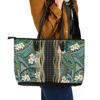 Hawaiian Art Flower Tribal with Lei Leather Tote Bag Palaka Pattern Black Color - Polynesian Pride