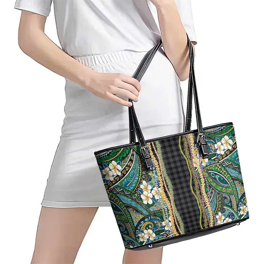 Hawaiian Art Flower Tribal with Lei Leather Tote Bag Palaka Pattern Black Color - Polynesian Pride