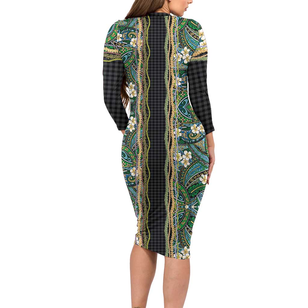 Hawaiian Art Flower Tribal with Lei Long Sleeve Bodycon Dress Palaka Pattern Black Color - Polynesian Pride