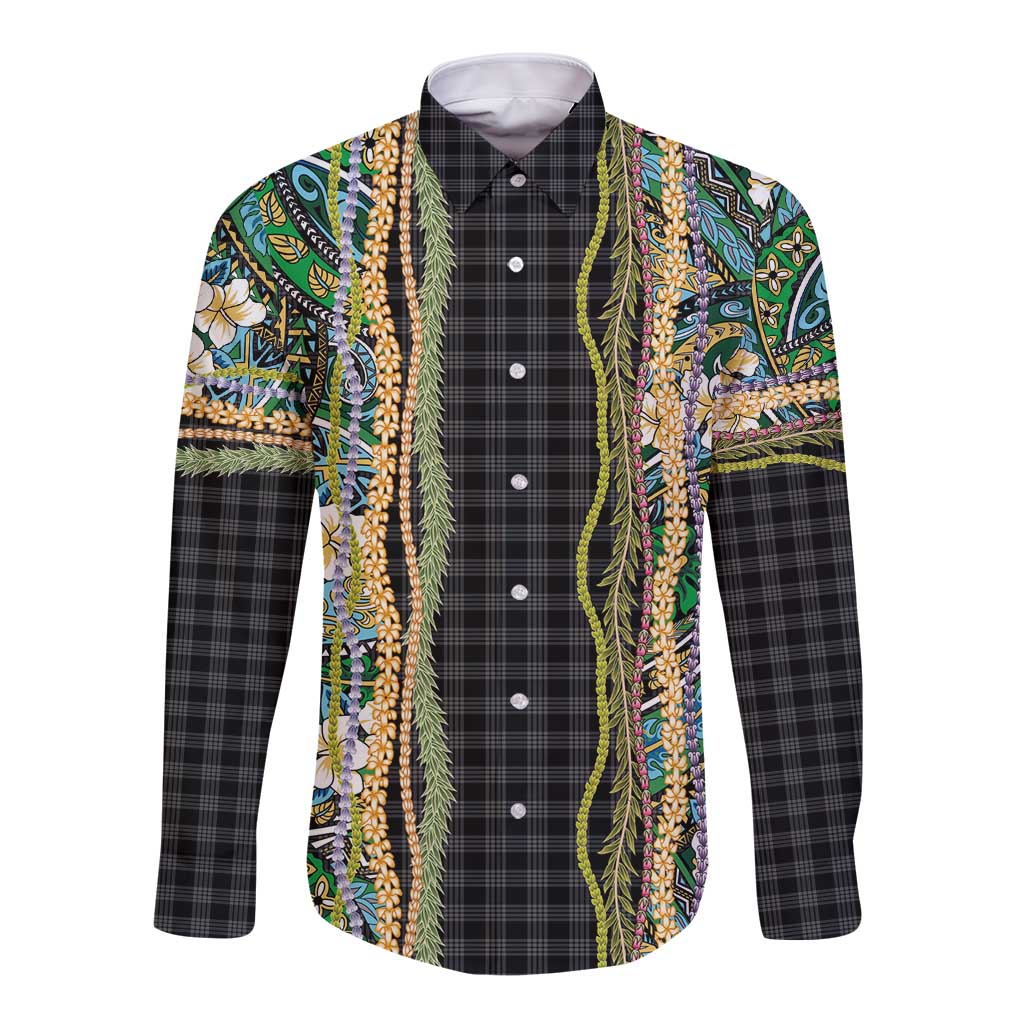 Hawaiian Art Flower Tribal with Lei Long Sleeve Button Shirt Palaka Pattern Black Color - Polynesian Pride