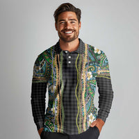 Hawaiian Art Flower Tribal with Lei Long Sleeve Polo Shirt Palaka Pattern Black Color - Polynesian Pride