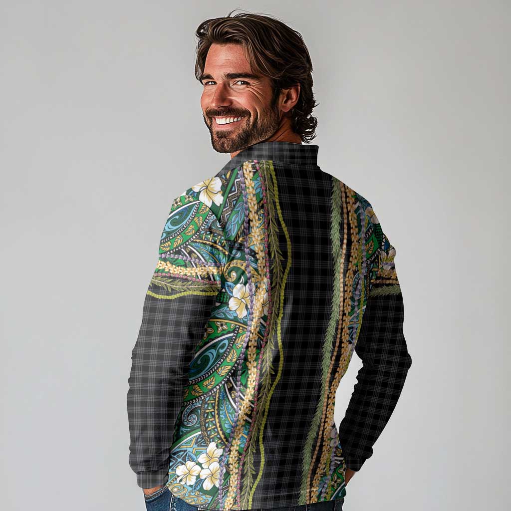Hawaiian Art Flower Tribal with Lei Long Sleeve Polo Shirt Palaka Pattern Black Color - Polynesian Pride
