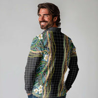 Hawaiian Art Flower Tribal with Lei Long Sleeve Polo Shirt Palaka Pattern Black Color - Polynesian Pride