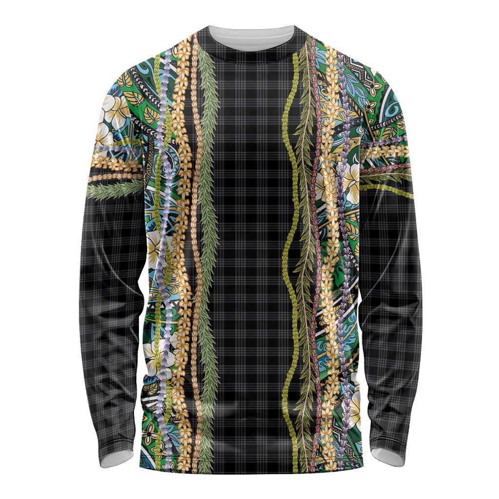 Hawaiian Art Flower Tribal with Lei Long Sleeve Shirt Palaka Pattern Black Color - Polynesian Pride
