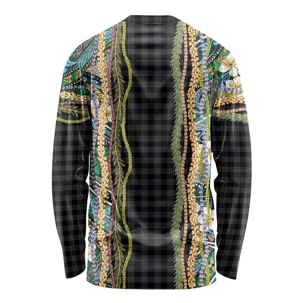 Hawaiian Art Flower Tribal with Lei Long Sleeve Shirt Palaka Pattern Black Color - Polynesian Pride