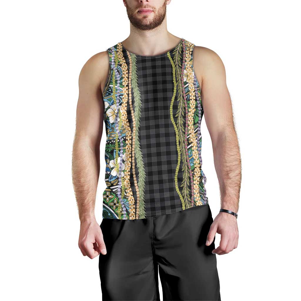 Hawaiian Art Flower Tribal with Lei Men Tank Top Palaka Pattern Black Color - Polynesian Pride