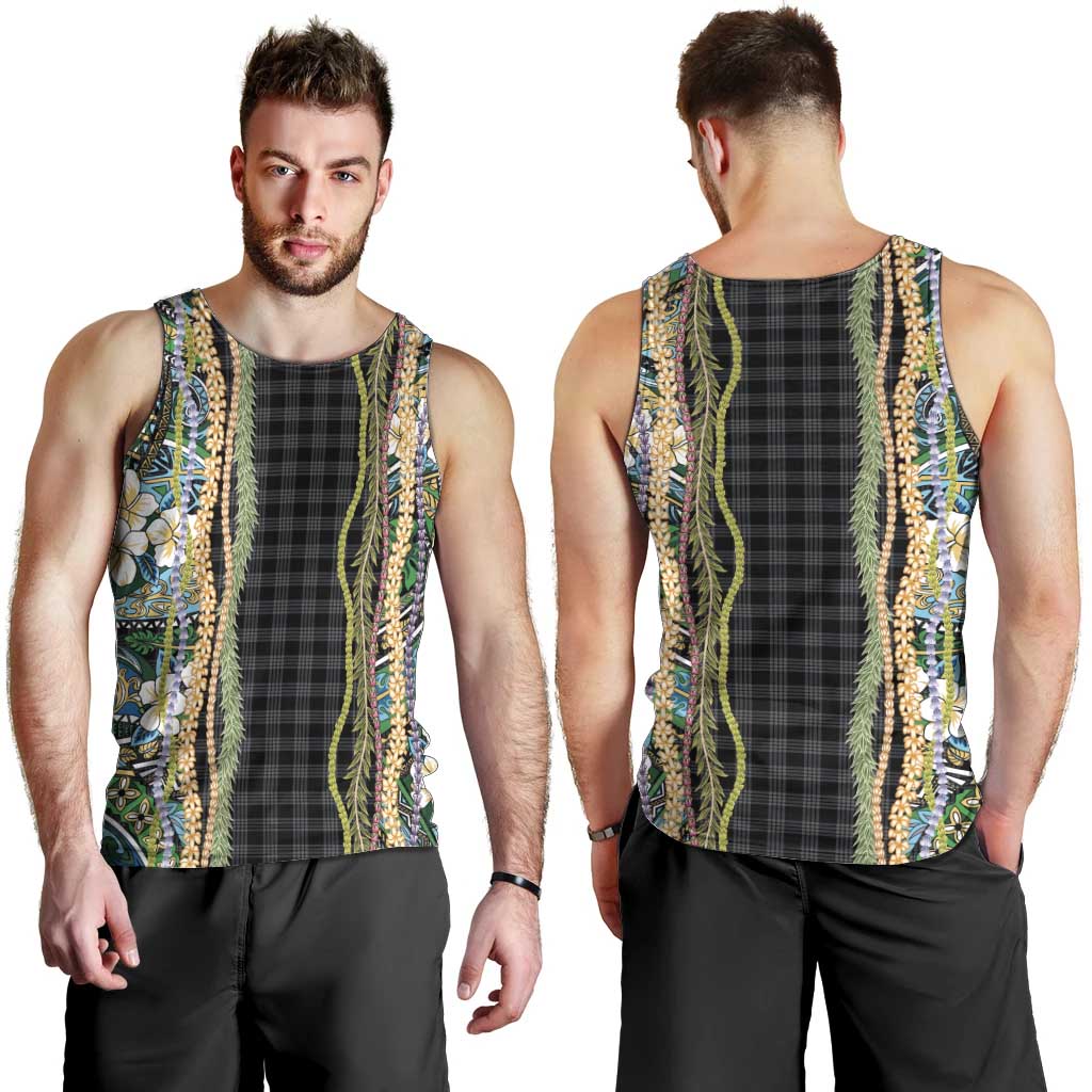 Hawaiian Art Flower Tribal with Lei Men Tank Top Palaka Pattern Black Color - Polynesian Pride