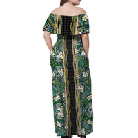Hawaiian Art Flower Tribal with Lei Off Shoulder Maxi Dress Palaka Pattern Black Color - Polynesian Pride