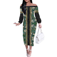 Hawaiian Art Flower Tribal with Lei Off The Shoulder Long Sleeve Dress Palaka Pattern Black Color - Polynesian Pride