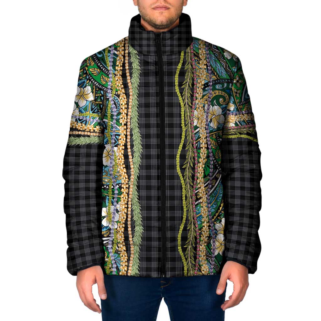 Hawaiian Art Flower Tribal with Lei Padded Jacket Palaka Pattern Black Color - Polynesian Pride