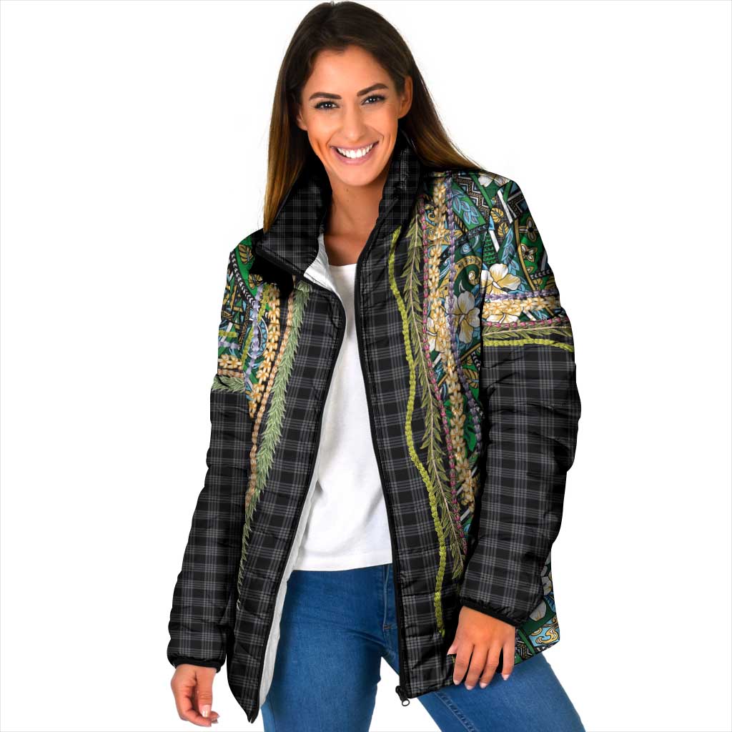 Hawaiian Art Flower Tribal with Lei Padded Jacket Palaka Pattern Black Color - Polynesian Pride