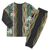 Hawaiian Art Flower Tribal with Lei Christmas Pajama Set Palaka Pattern Black Color - Polynesian Pride
