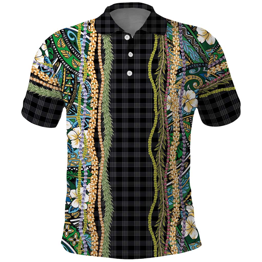 Hawaiian Art Flower Tribal with Lei Polo Shirt Palaka Pattern Black Color - Polynesian Pride