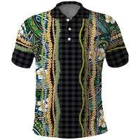 Hawaiian Art Flower Tribal with Lei Polo Shirt Palaka Pattern Black Color - Polynesian Pride