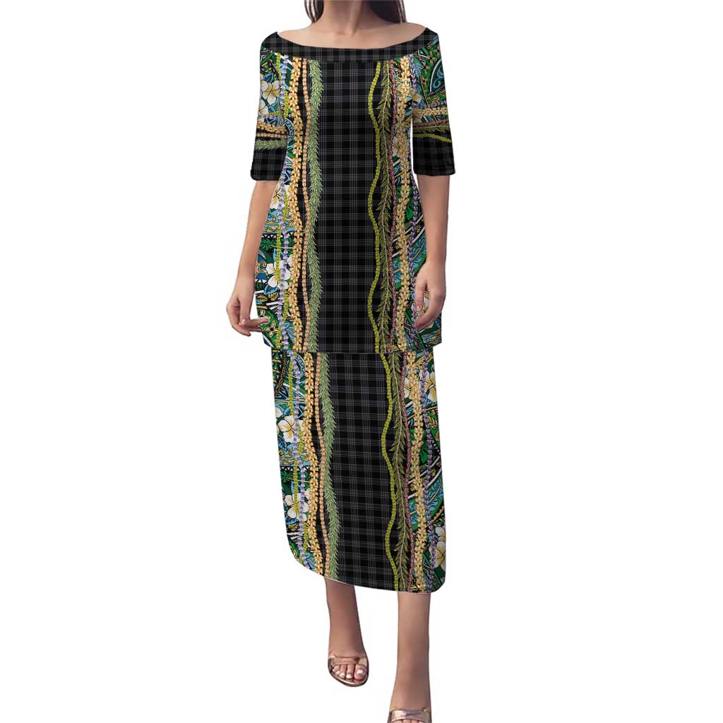 Hawaiian Art Flower Tribal with Lei Puletasi Palaka Pattern Black Color - Polynesian Pride