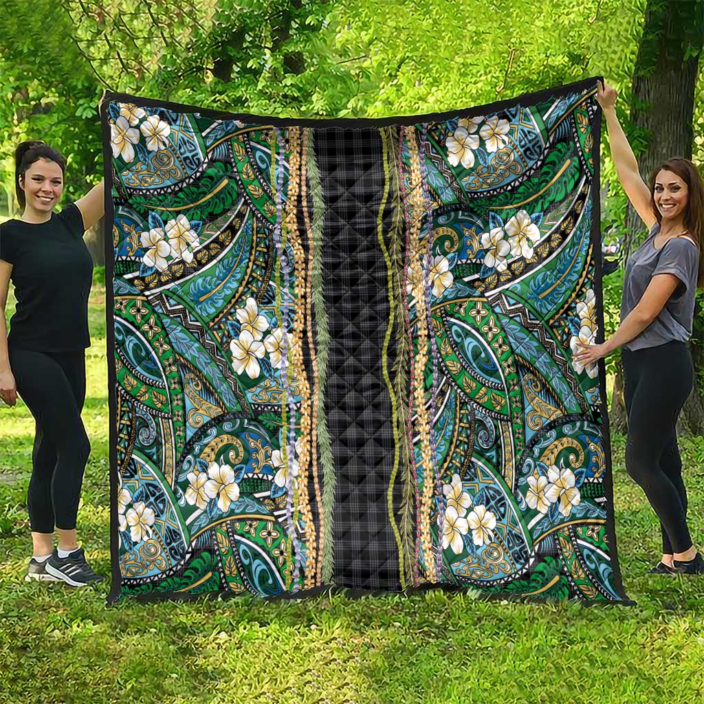 Hawaiian Art Flower Tribal with Lei Quilt Palaka Pattern Black Color - Polynesian Pride