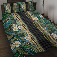 Hawaiian Art Flower Tribal with Lei Quilt Bed Set Palaka Pattern Black Color - Polynesian Pride