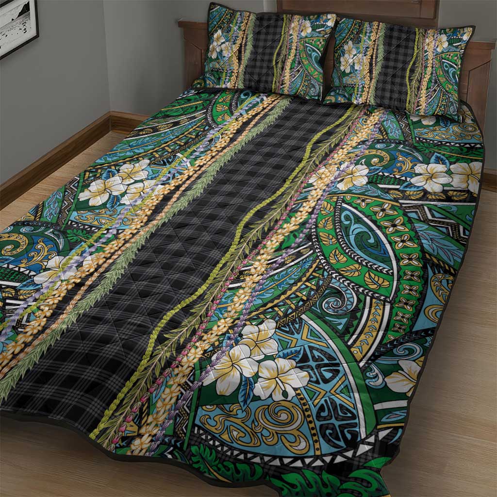 Hawaiian Art Flower Tribal with Lei Quilt Bed Set Palaka Pattern Black Color - Polynesian Pride