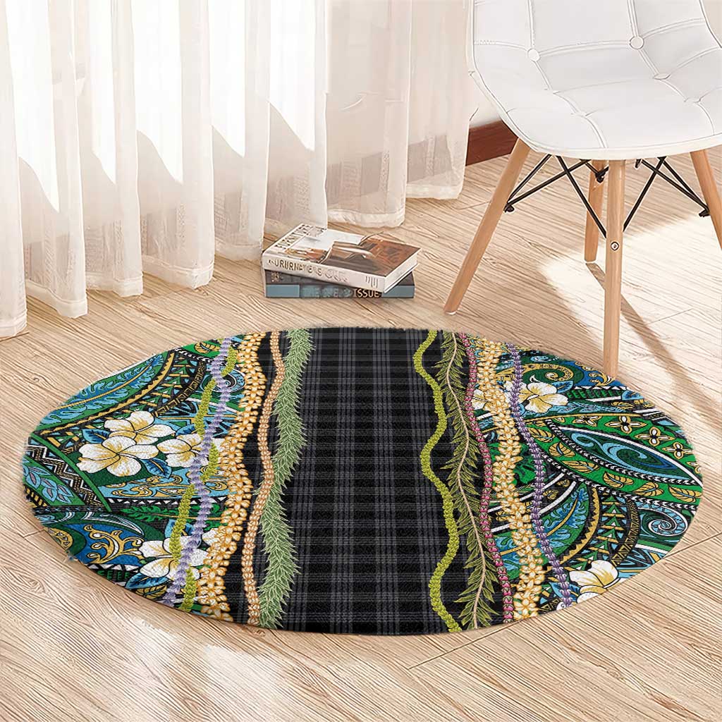 Hawaiian Art Flower Tribal with Lei Round Carpet Palaka Pattern Black Color - Polynesian Pride