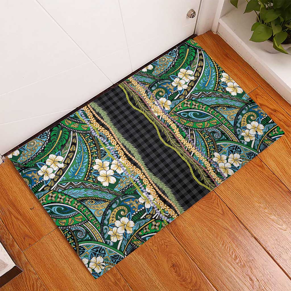 Hawaiian Art Flower Tribal with Lei Rubber Doormat Palaka Pattern Black Color - Polynesian Pride