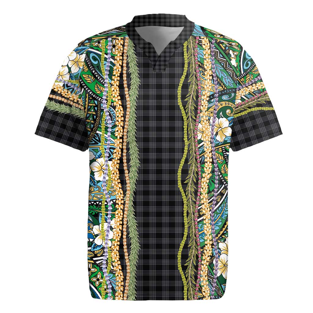 Hawaiian Art Flower Tribal with Lei Rugby Jersey Palaka Pattern Black Color - Polynesian Pride