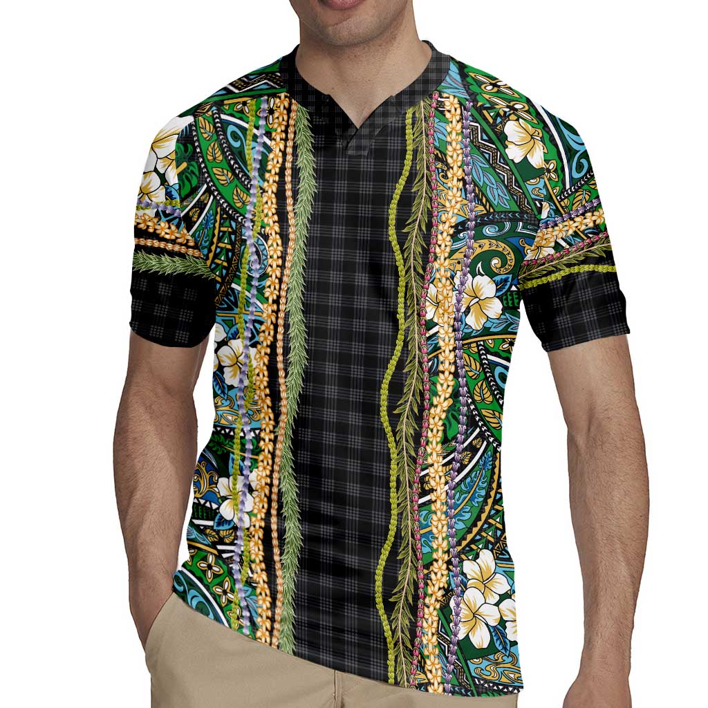 Hawaiian Art Flower Tribal with Lei Rugby Jersey Palaka Pattern Black Color - Polynesian Pride