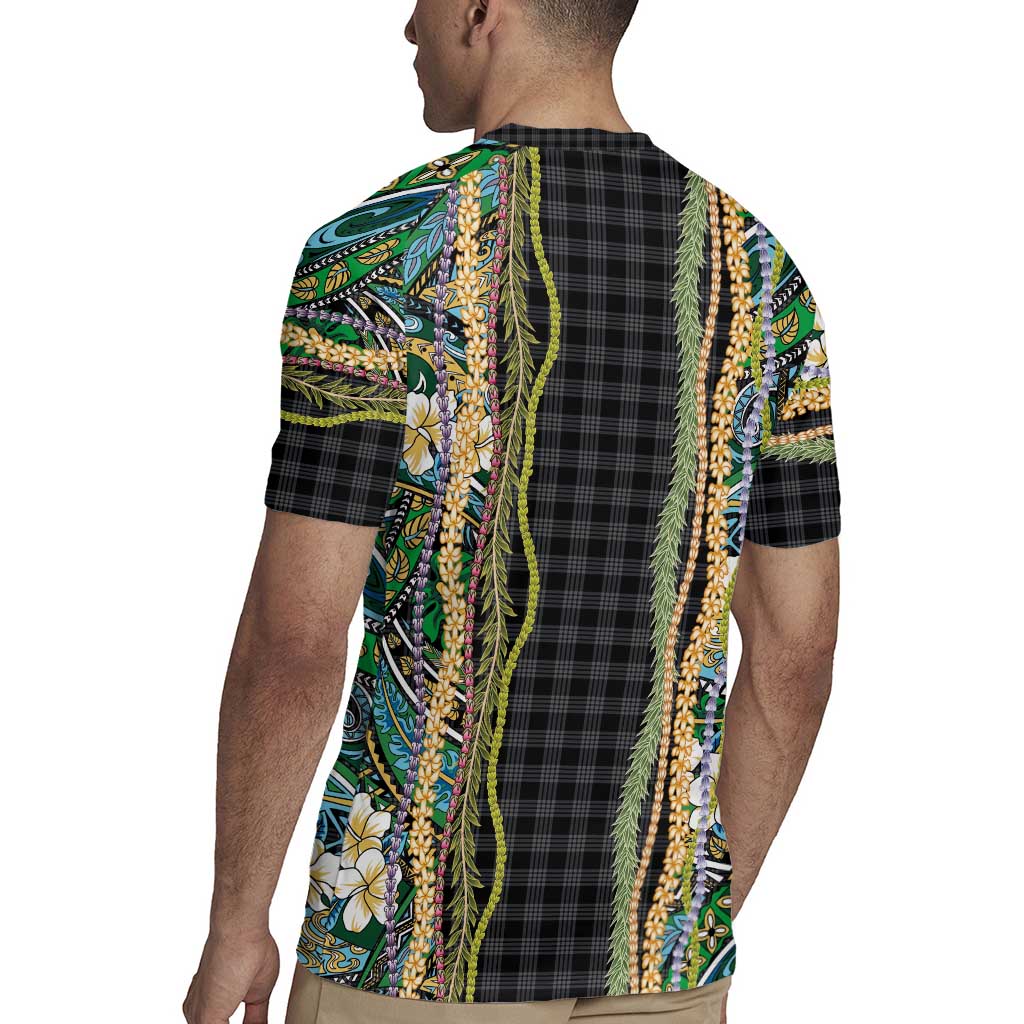 Hawaiian Art Flower Tribal with Lei Rugby Jersey Palaka Pattern Black Color - Polynesian Pride