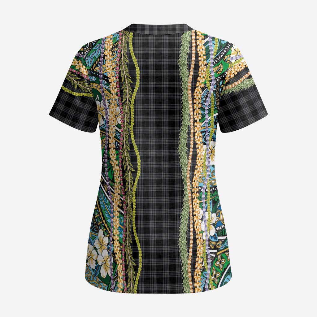 Hawaiian Art Flower Tribal with Lei Scrub Top Palaka Pattern Black Color - Polynesian Pride