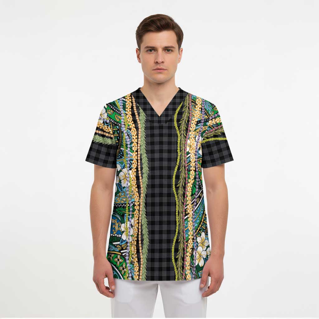 Hawaiian Art Flower Tribal with Lei Scrub Top Palaka Pattern Black Color - Polynesian Pride