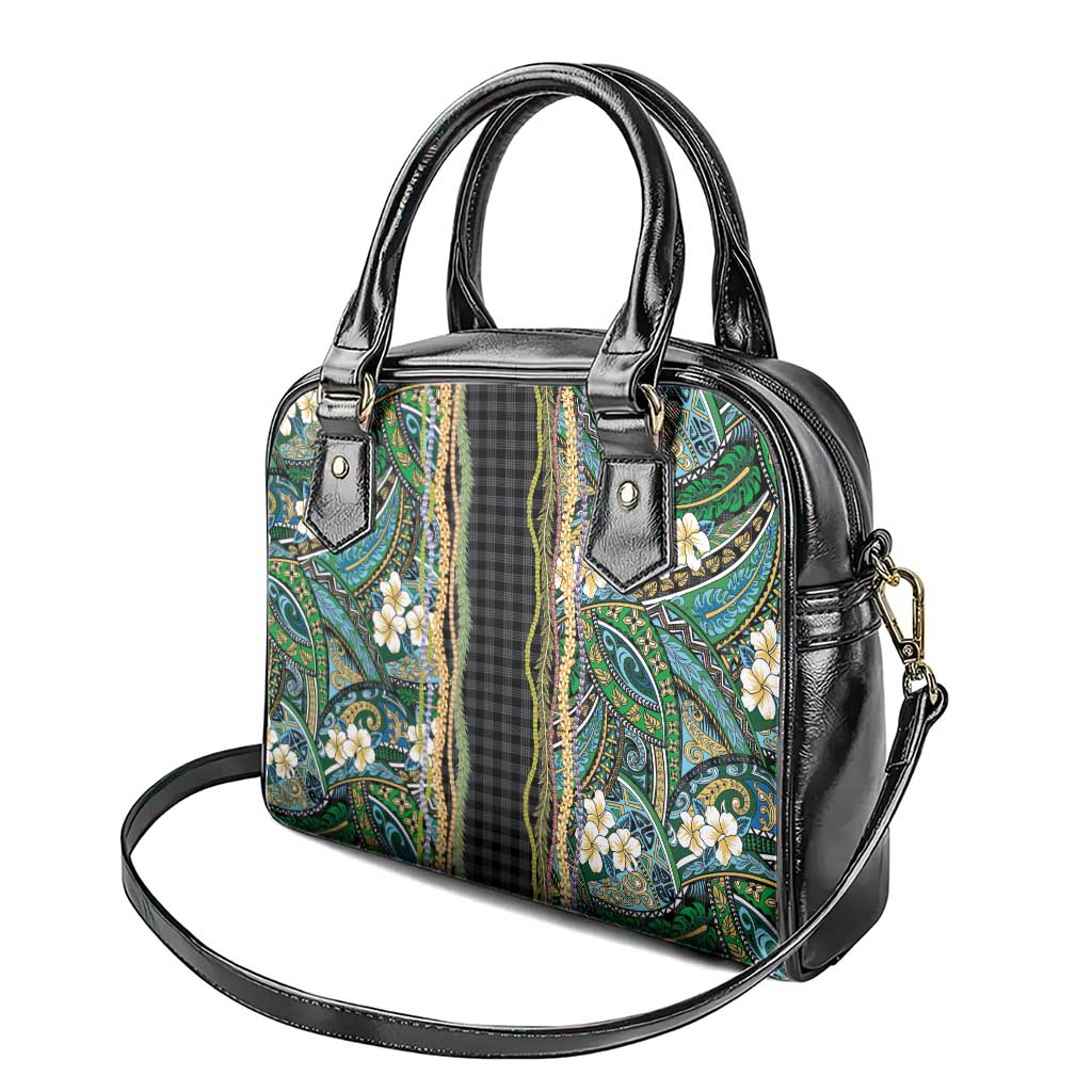 Hawaiian Art Flower Tribal with Lei Shoulder Handbag Palaka Pattern Black Color - Polynesian Pride