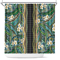 Hawaiian Art Flower Tribal with Lei Shower Curtain Palaka Pattern Black Color - Polynesian Pride